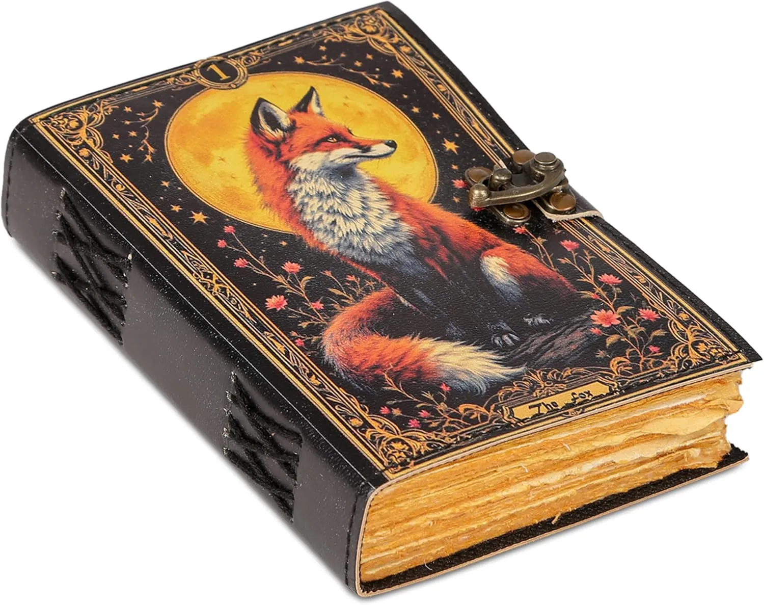 Leather Journal with Fox Design – Handmade Spell Book, Book of Shadows Notebook, Witchcraft Journal, Wiccan Grimoire, Unique Vintage Leather Diary for Men & Women