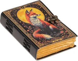 Leather Journal with Fox Design – Handmade Spell Book, Book of Shadows Notebook, Witchcraft Journal, Wiccan Grimoire, Unique Vintage Leather Diary for Men & Women