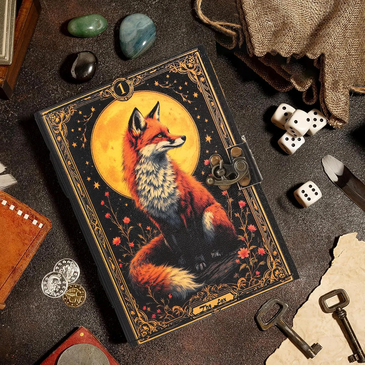Leather Journal with Fox Design – Handmade Spell Book, Book of Shadows Notebook, Witchcraft Journal, Wiccan Grimoire, Unique Vintage Leather Diary for Men & Women
