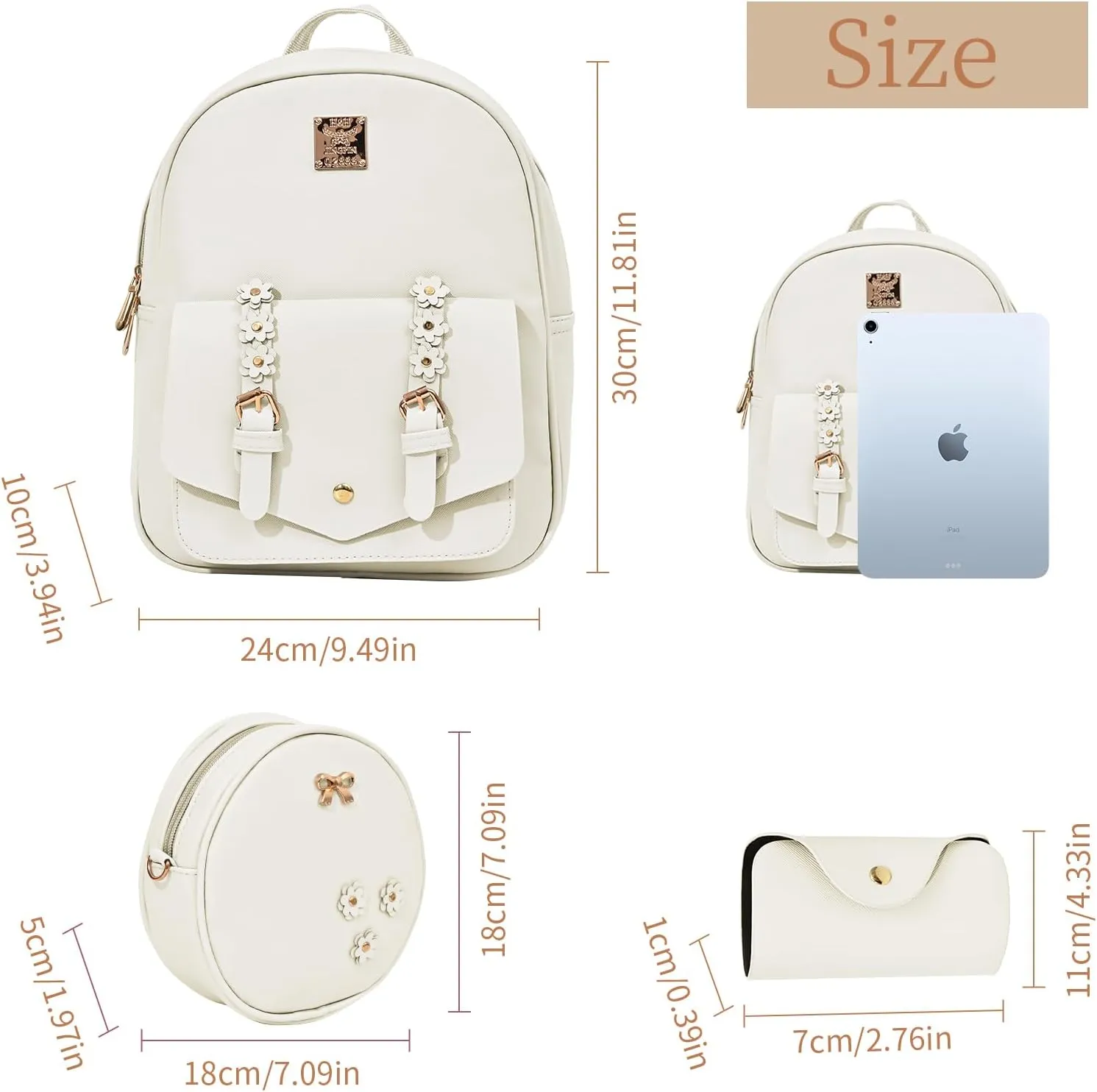 Leather Mini Backpack Purse for Women 3-Piece Set Floral Cute Small Casual Travel School Daypacks Little Wallet Bag（White）