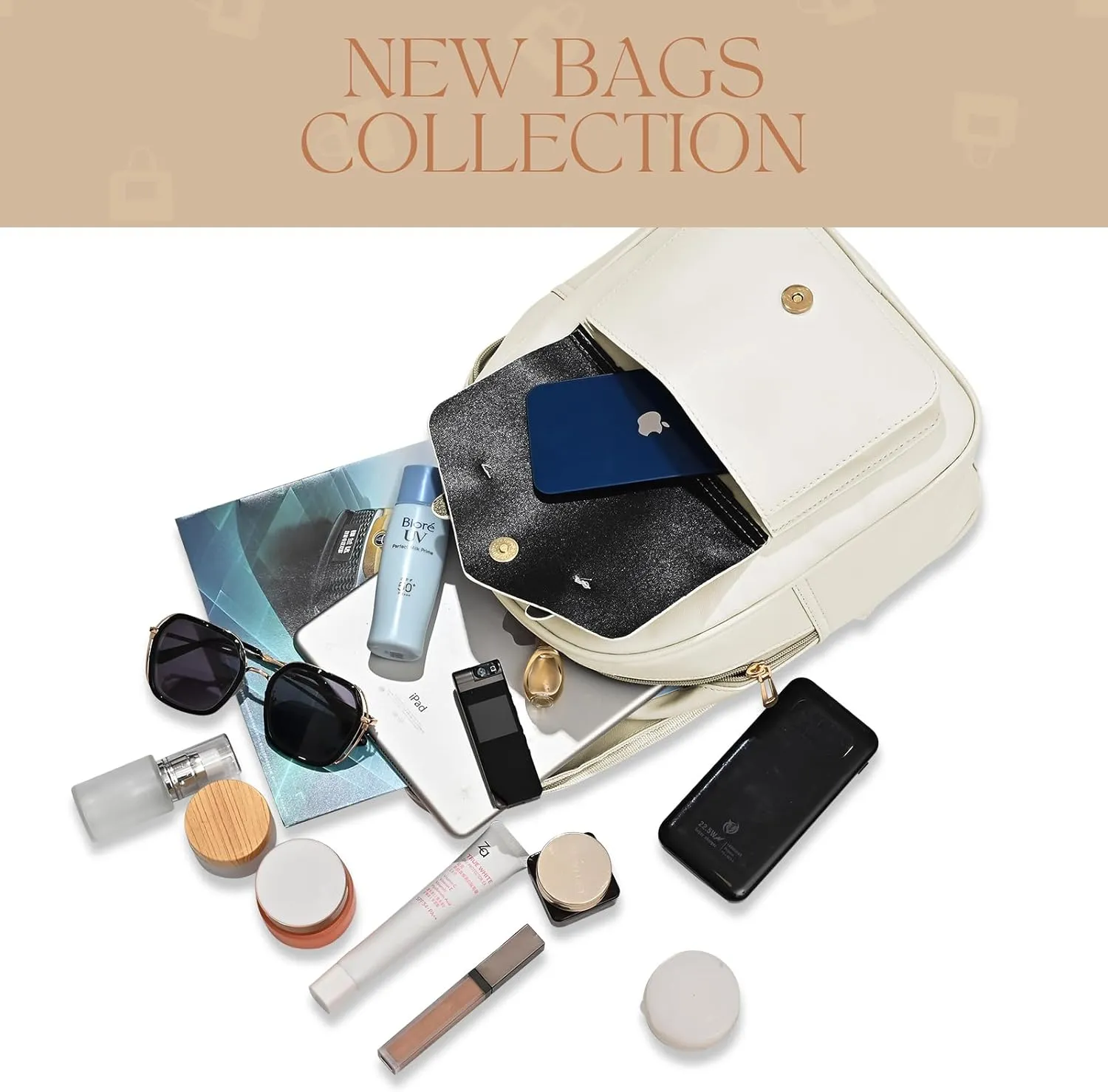 Leather Mini Backpack Purse for Women 3-Piece Set Floral Cute Small Casual Travel School Daypacks Little Wallet Bag（White）