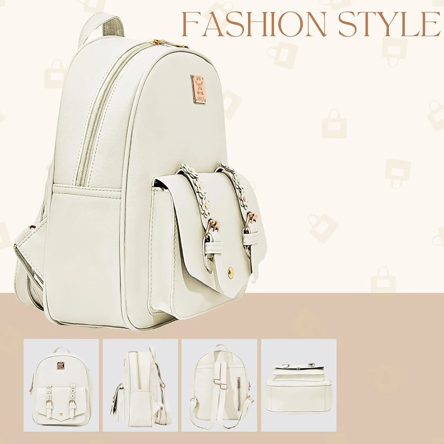 Leather Mini Backpack Purse for Women 3-Piece Set Floral Cute Small Casual Travel School Daypacks Little Wallet Bag（White）