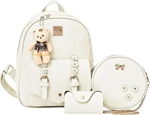 Leather Mini Backpack Purse for Women 3-Piece Set Floral Cute Small Casual Travel School Daypacks Little Wallet Bag（White）