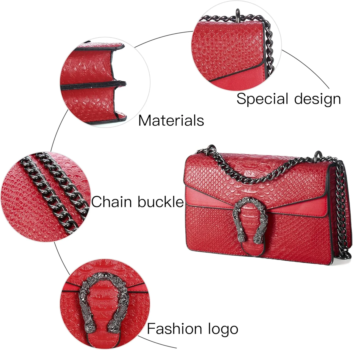 Leather Shoulder Bag Chain Purse for Women - Fashion Crossbody Bags Vintage Snake Print Underarm Bag Square Satchel Handbag