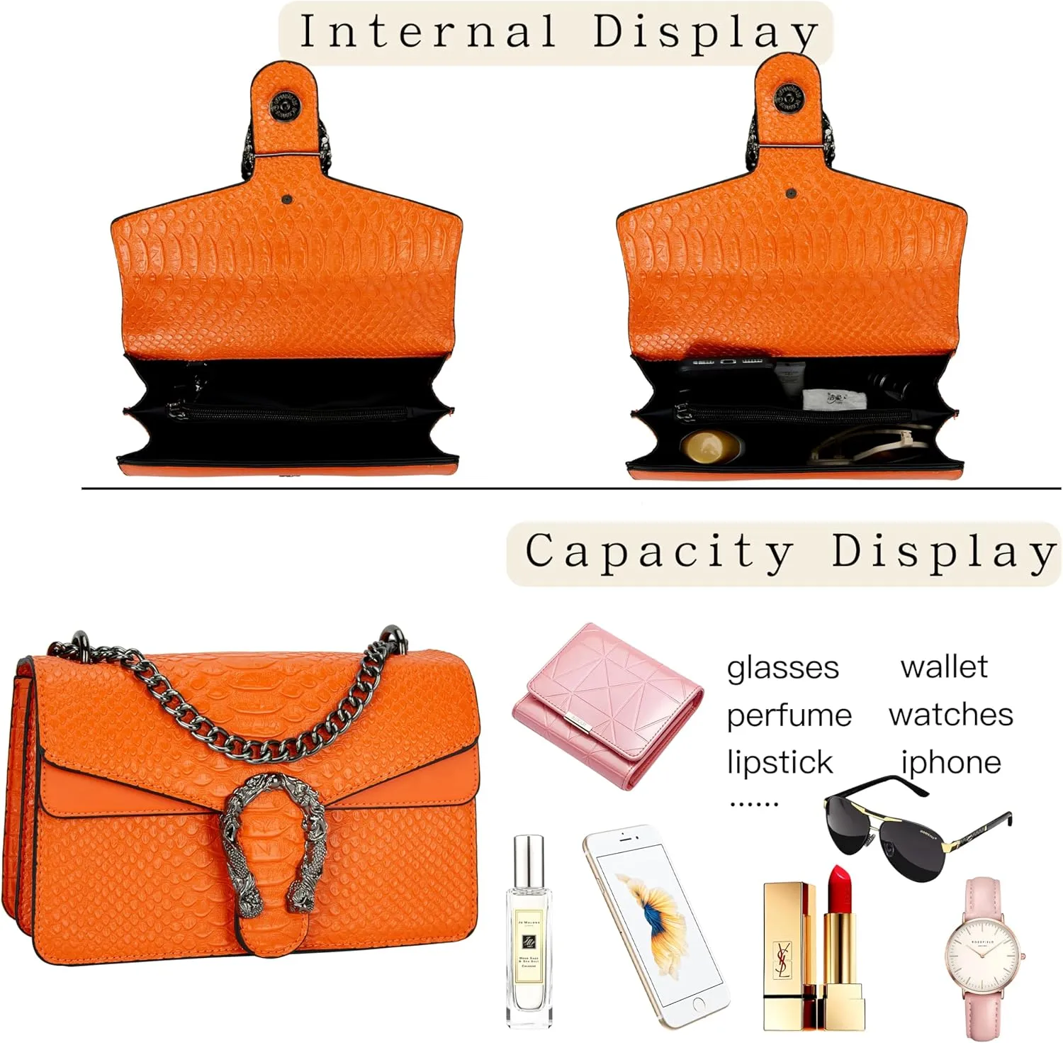 Leather Shoulder Bag Chain Purse for Women - Fashion Crossbody Bags Vintage Snake Print Underarm Bag Square Satchel Handbag