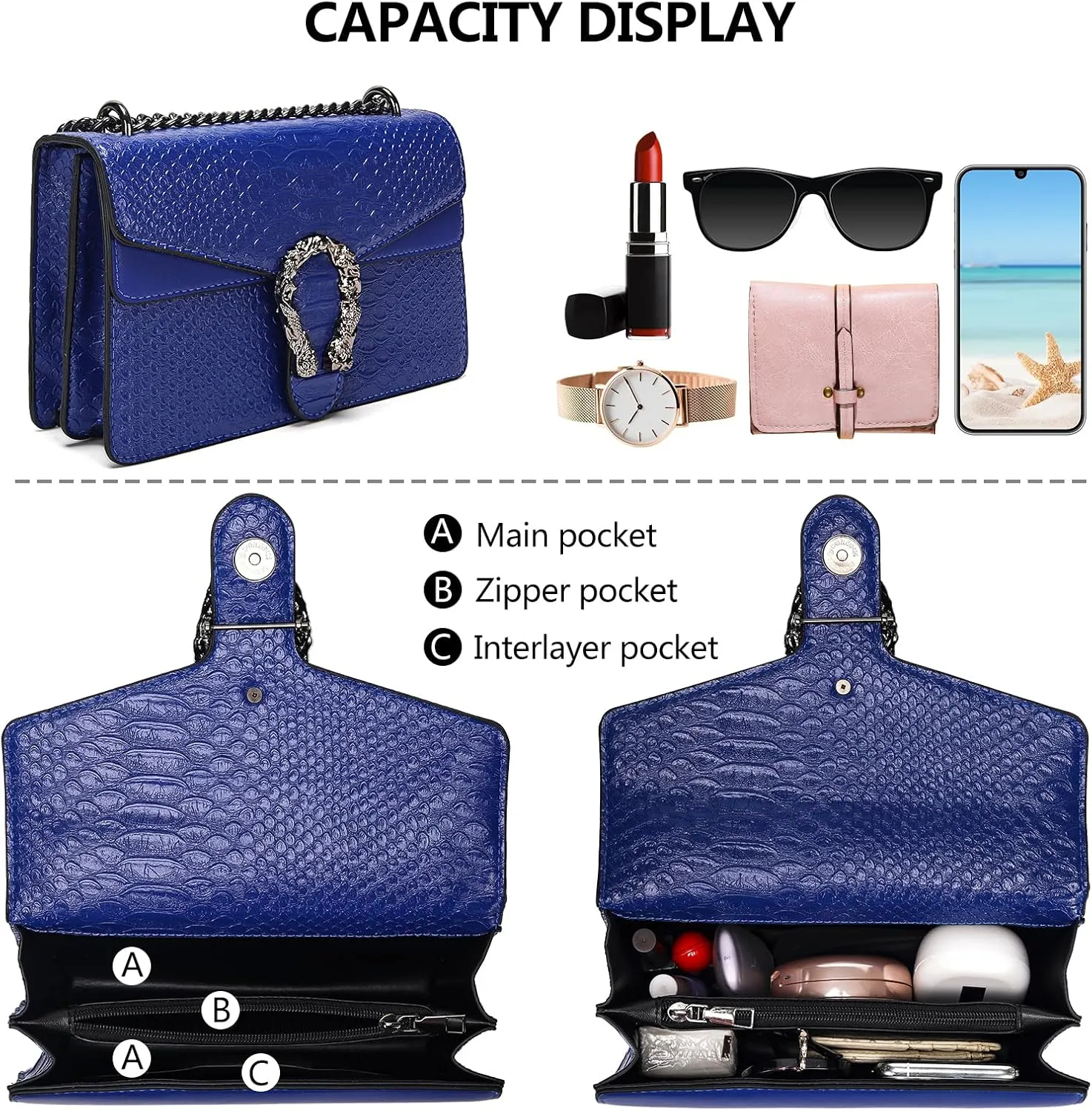 Leather Shoulder Bag Chain Purse for Women - Fashion Crossbody Bags Vintage Snake Print Underarm Bag Square Satchel Handbag