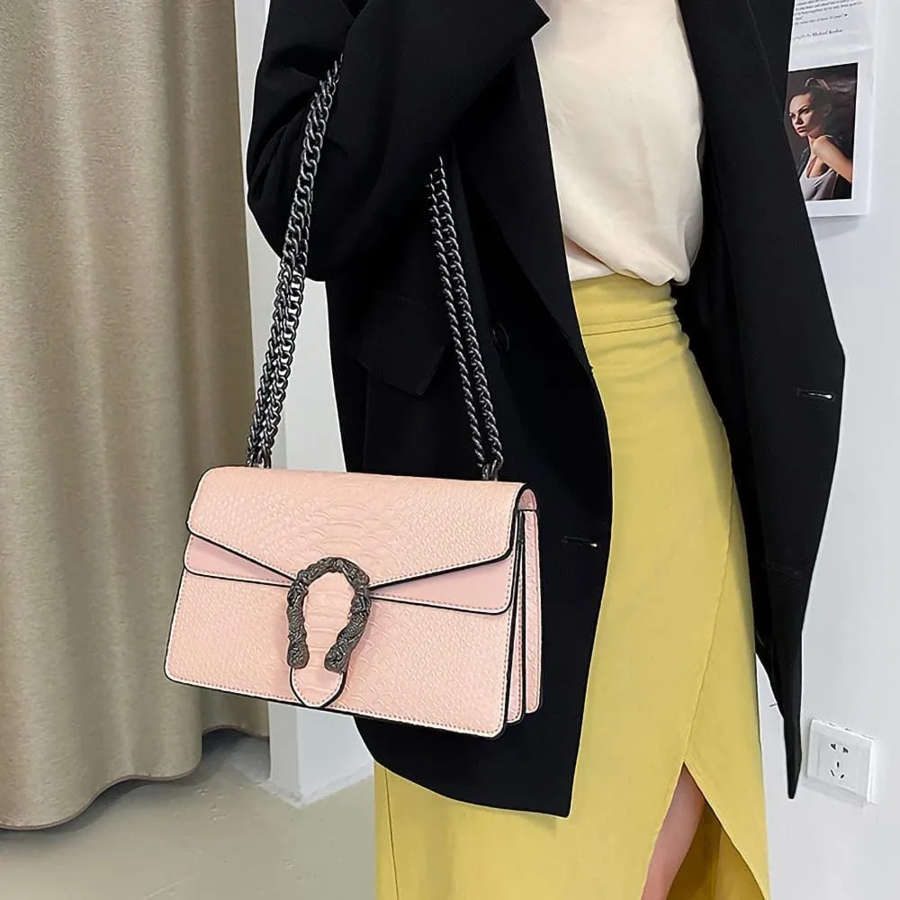 Leather Shoulder Bag Chain Purse for Women - Fashion Crossbody Bags Vintage Snake Print Underarm Bag Square Satchel Handbag