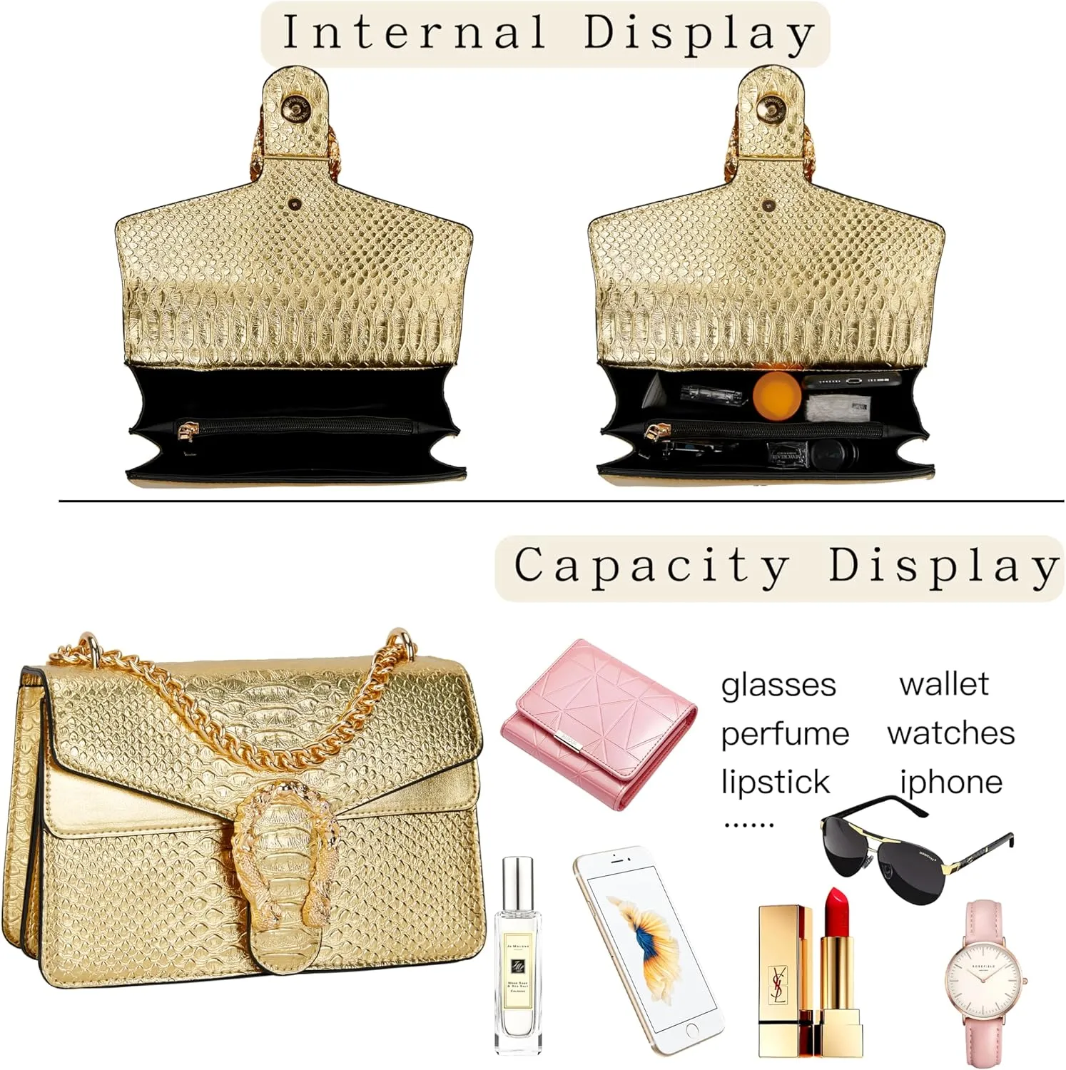 Leather Shoulder Bag Chain Purse for Women - Fashion Crossbody Bags Vintage Snake Print Underarm Bag Square Satchel Handbag