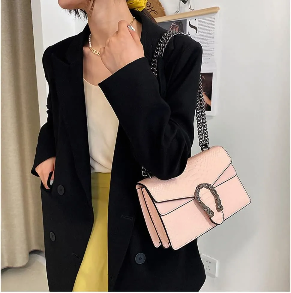 Leather Shoulder Bag Chain Purse for Women - Fashion Crossbody Bags Vintage Snake Print Underarm Bag Square Satchel Handbag