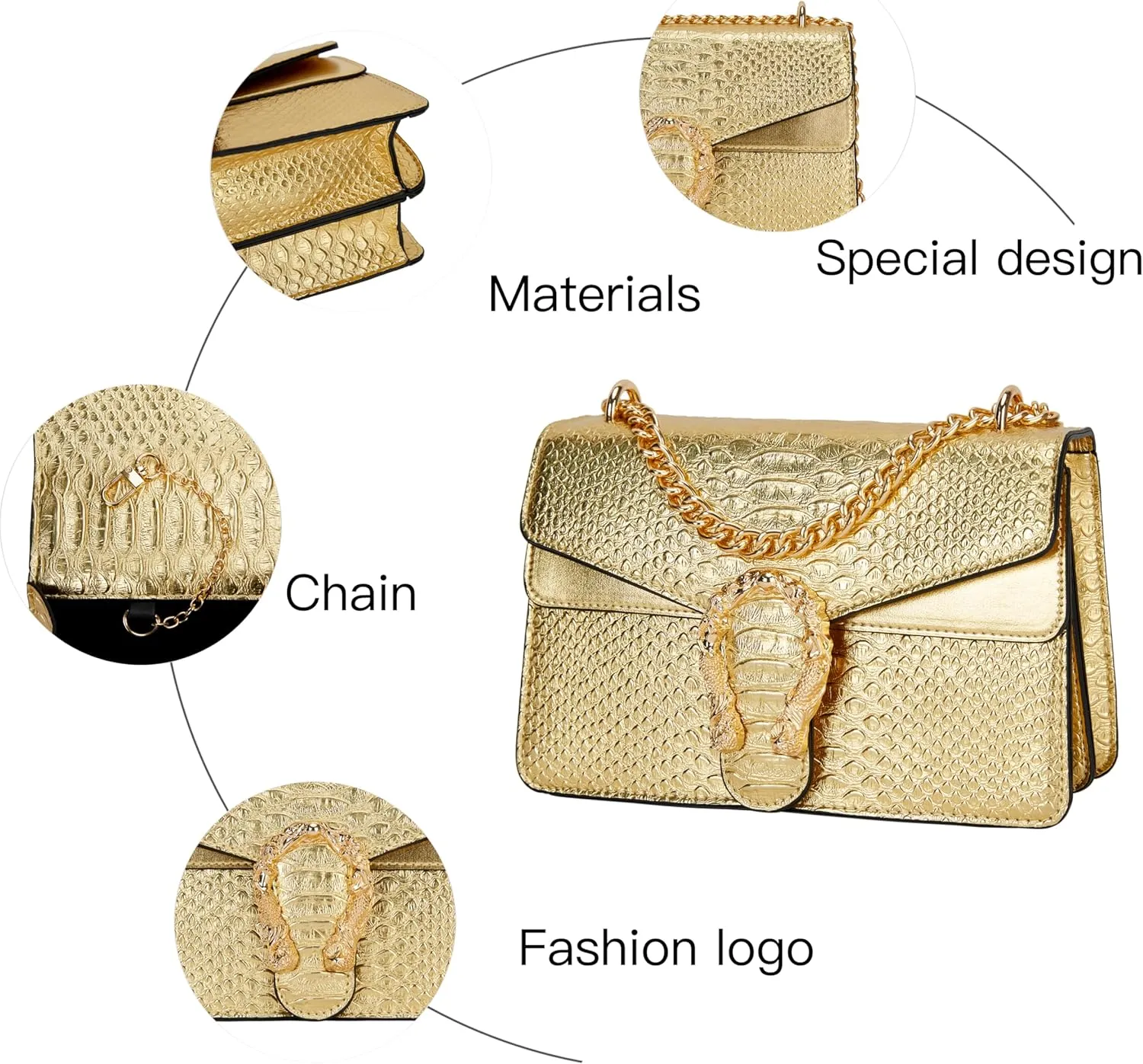 Leather Shoulder Bag Chain Purse for Women - Fashion Crossbody Bags Vintage Snake Print Underarm Bag Square Satchel Handbag