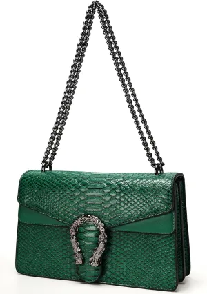 Leather Shoulder Bag Chain Purse for Women - Fashion Crossbody Bags Vintage Snake Print Underarm Bag Square Satchel Handbag
