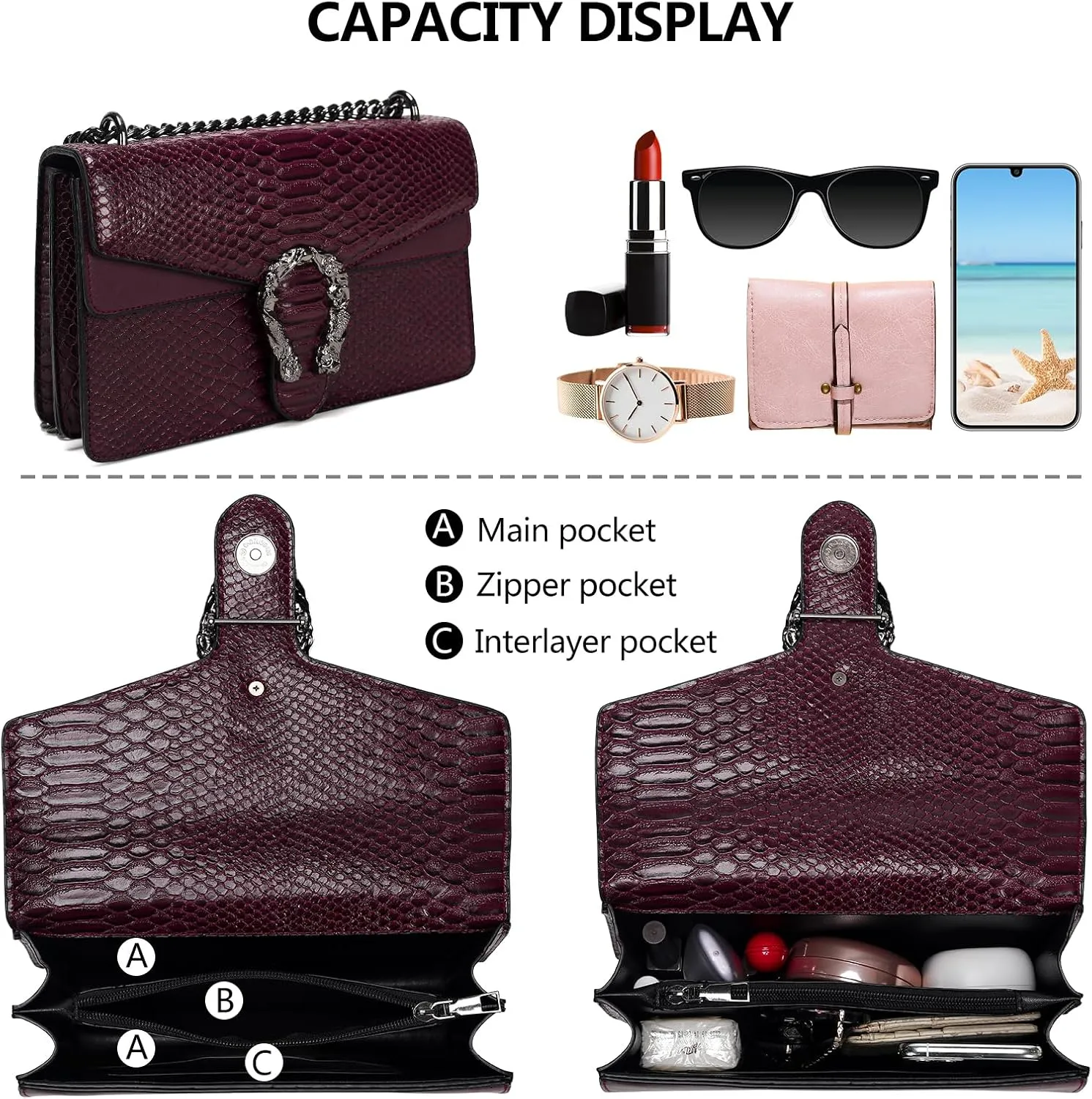 Leather Shoulder Bag Chain Purse for Women - Fashion Crossbody Bags Vintage Snake Print Underarm Bag Square Satchel Handbag