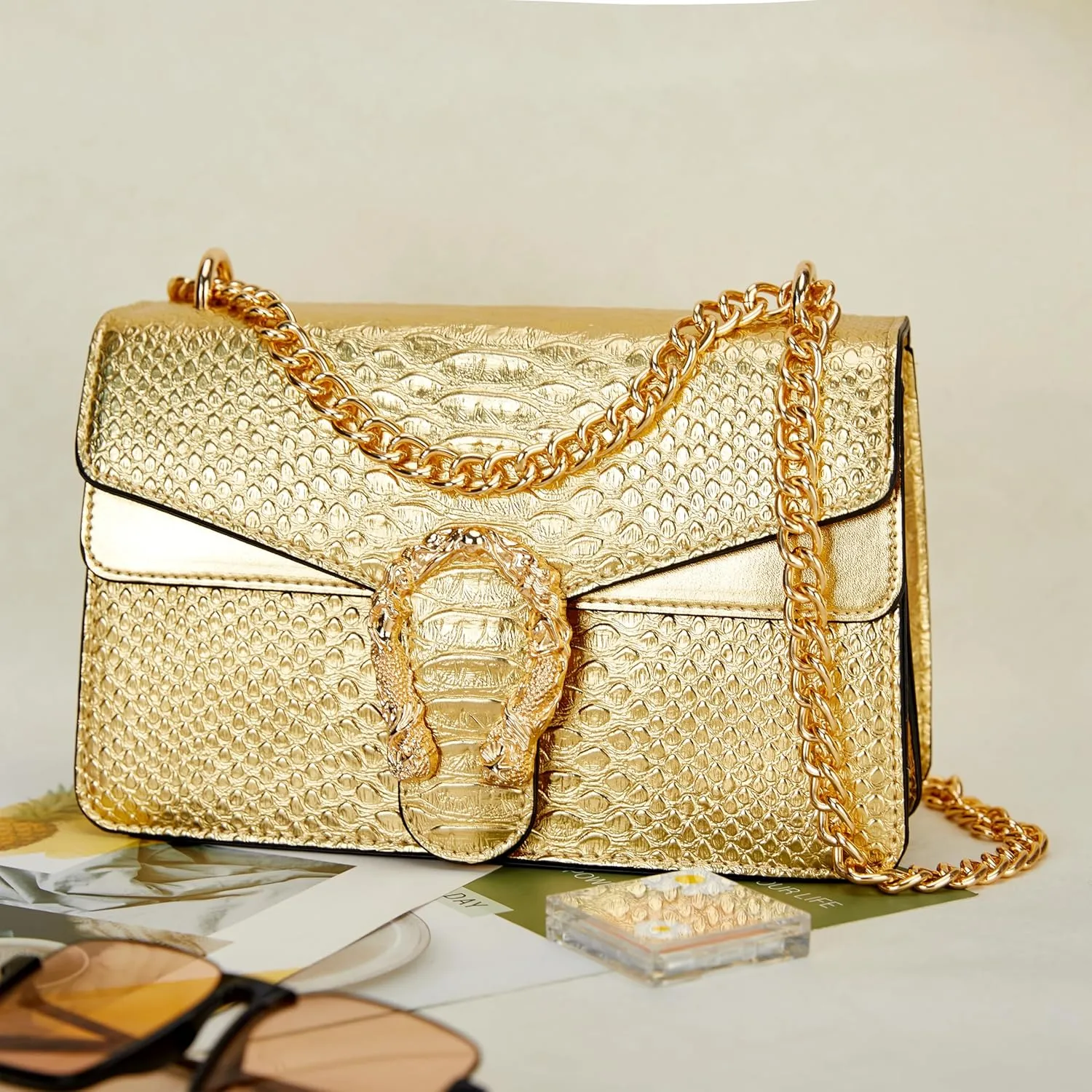Leather Shoulder Bag Chain Purse for Women - Fashion Crossbody Bags Vintage Snake Print Underarm Bag Square Satchel Handbag