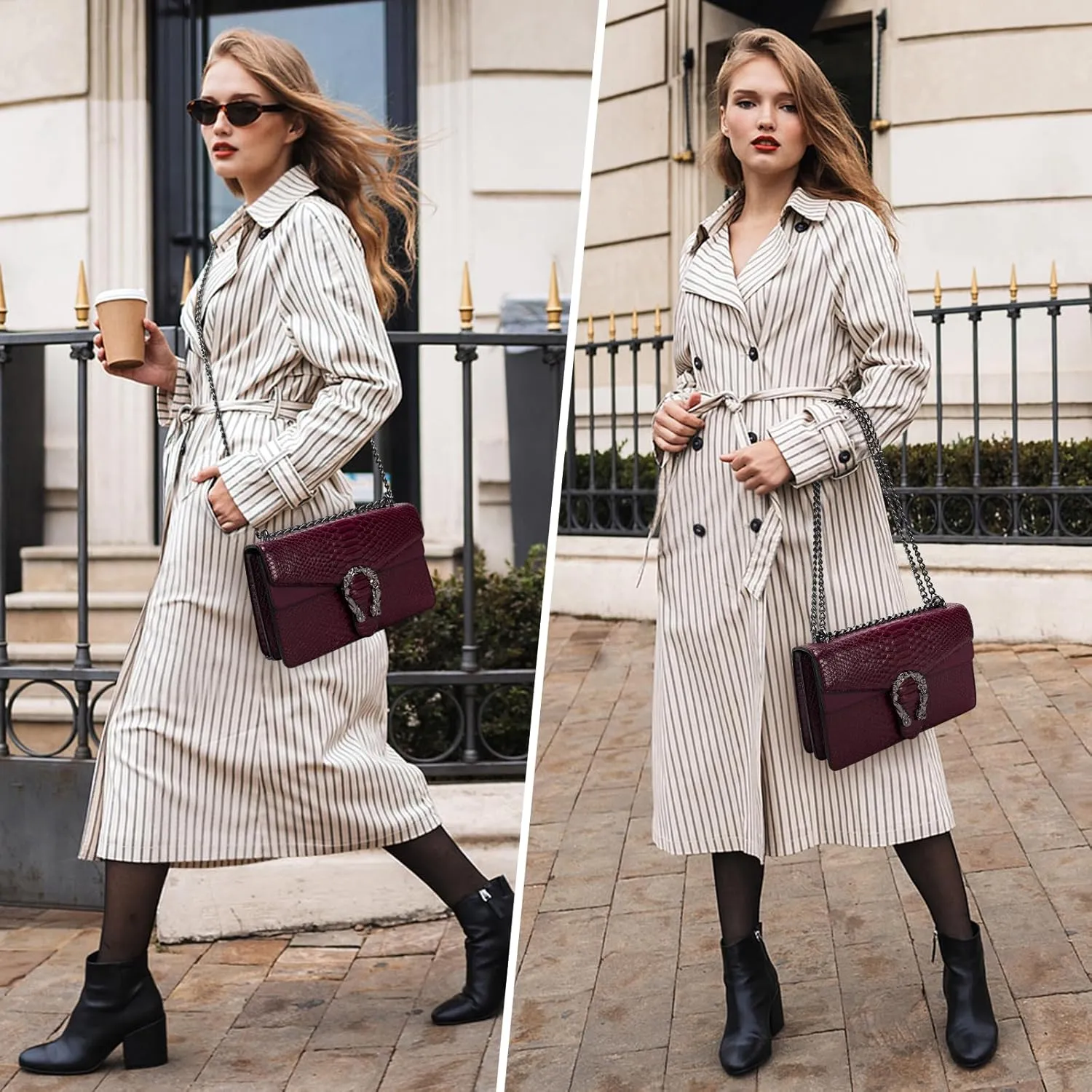Leather Shoulder Bag Chain Purse for Women - Fashion Crossbody Bags Vintage Snake Print Underarm Bag Square Satchel Handbag