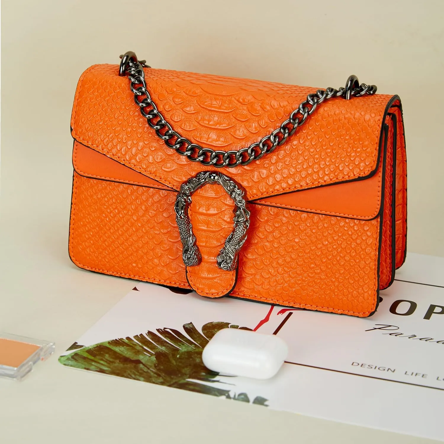 Leather Shoulder Bag Chain Purse for Women - Fashion Crossbody Bags Vintage Snake Print Underarm Bag Square Satchel Handbag