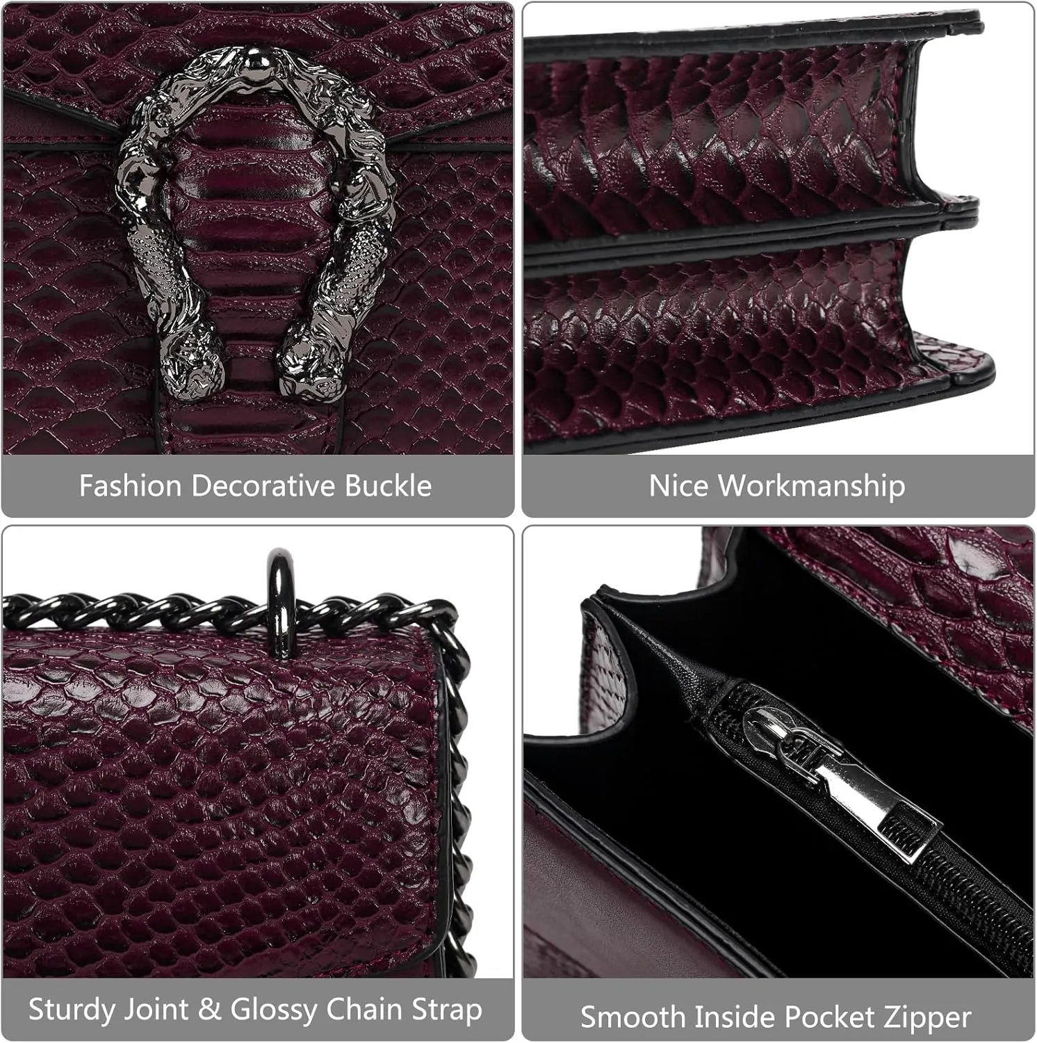Leather Shoulder Bag Chain Purse for Women - Fashion Crossbody Bags Vintage Snake Print Underarm Bag Square Satchel Handbag