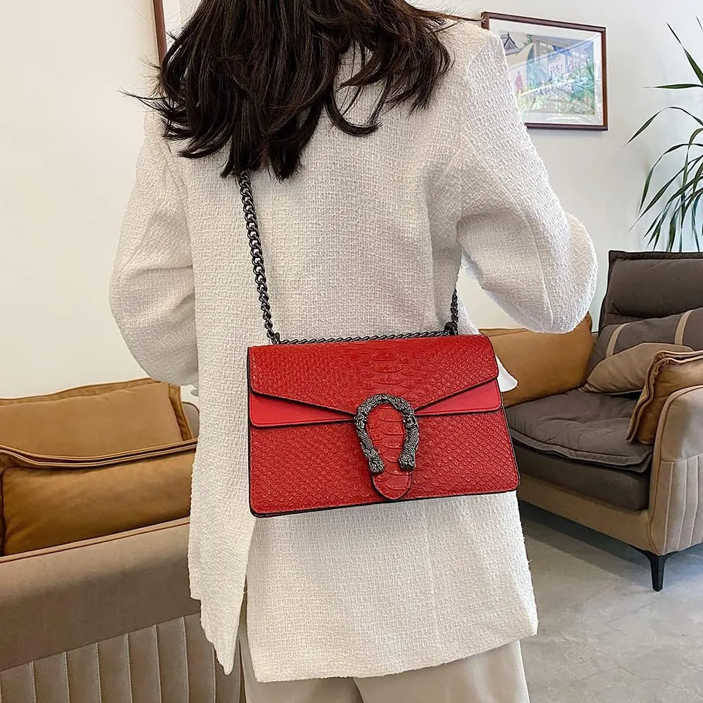 Leather Shoulder Bag Chain Purse for Women - Fashion Crossbody Bags Vintage Snake Print Underarm Bag Square Satchel Handbag