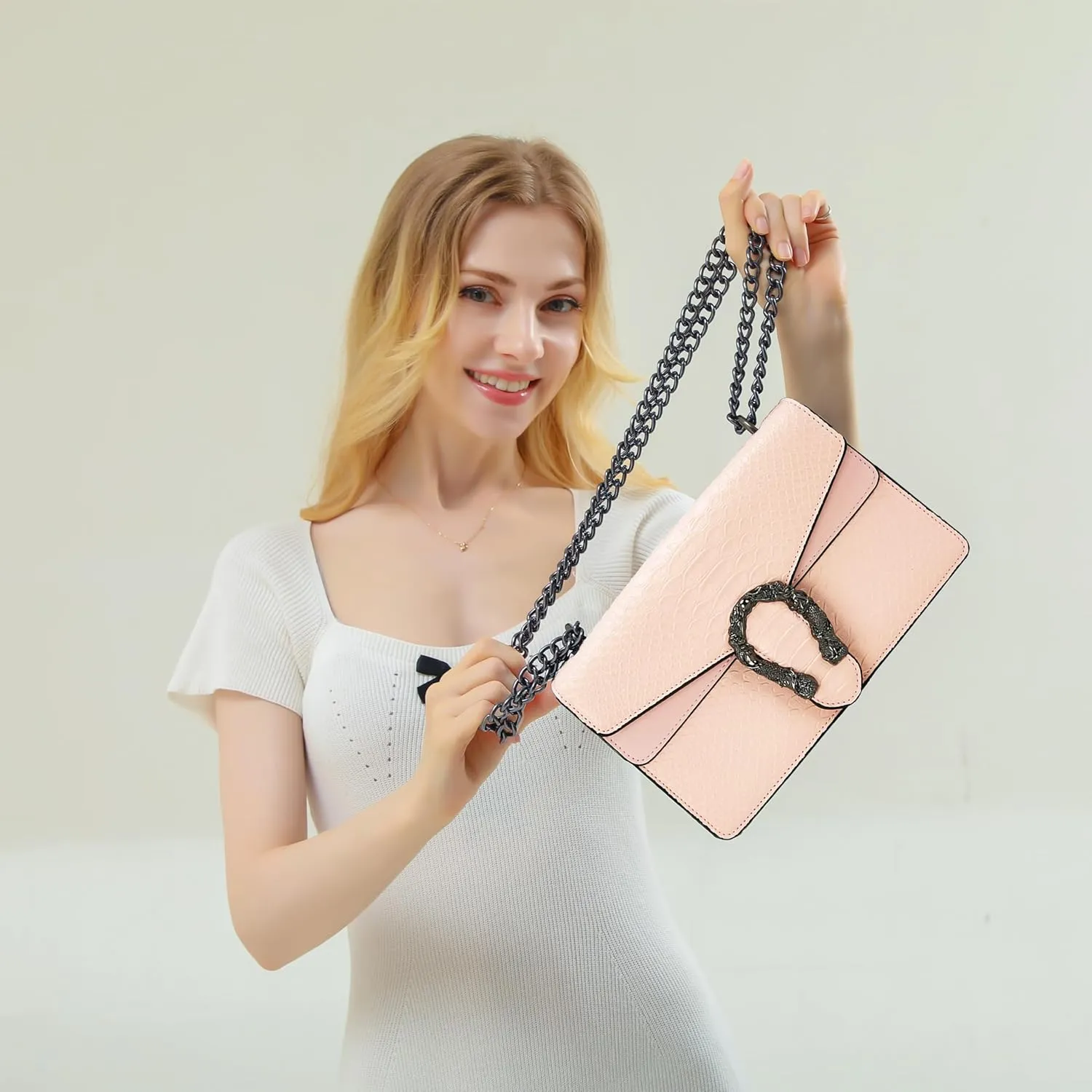 Leather Shoulder Bag Chain Purse for Women - Fashion Crossbody Bags Vintage Snake Print Underarm Bag Square Satchel Handbag