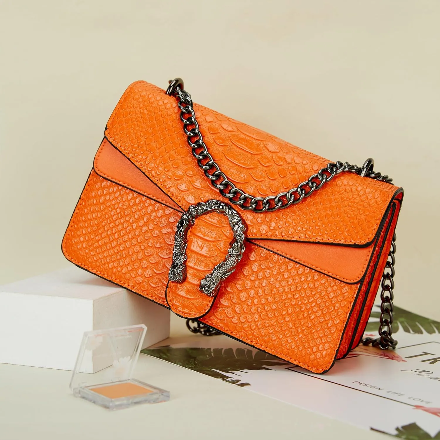 Leather Shoulder Bag Chain Purse for Women - Fashion Crossbody Bags Vintage Snake Print Underarm Bag Square Satchel Handbag