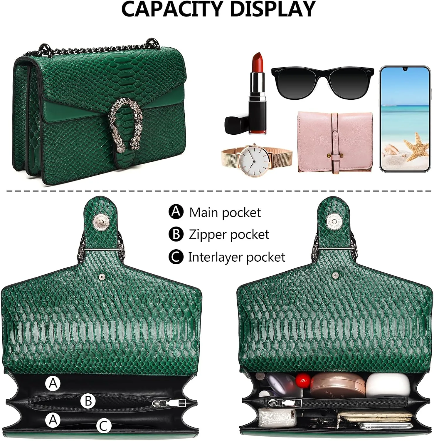 Leather Shoulder Bag Chain Purse for Women - Fashion Crossbody Bags Vintage Snake Print Underarm Bag Square Satchel Handbag