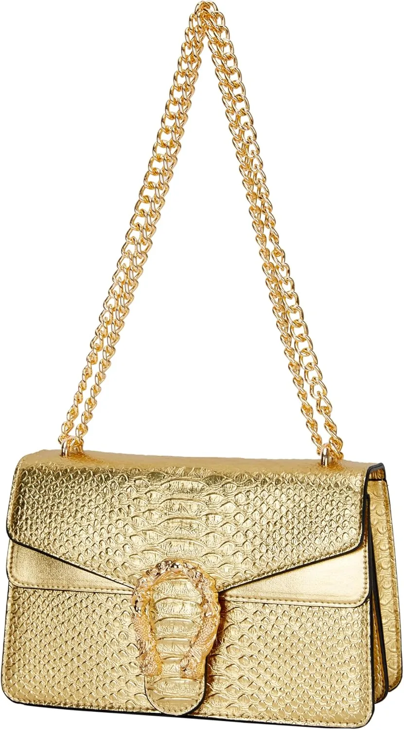 Leather Shoulder Bag Chain Purse for Women - Fashion Crossbody Bags Vintage Snake Print Underarm Bag Square Satchel Handbag