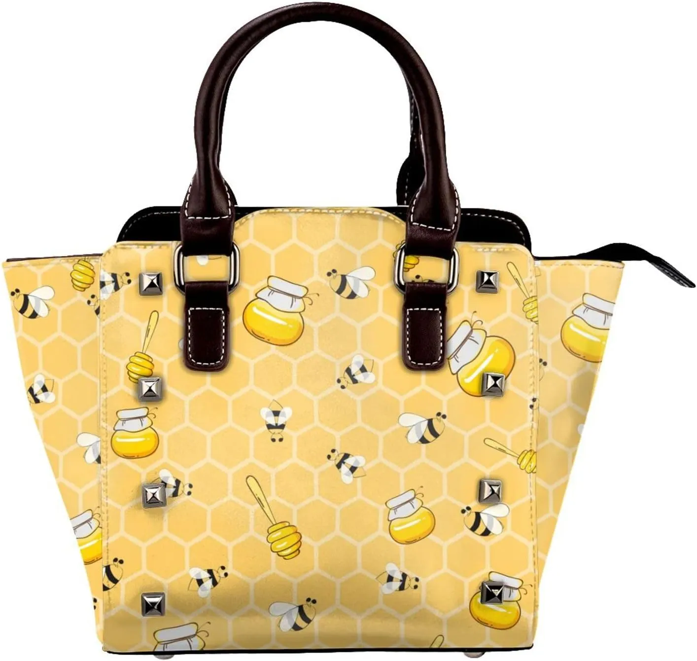 Leather Shoulder Bag for Women, Bee Honeycomb Studded Purse Honey Crossbody Handbags Punk Hobo Bag with Adjustable Strap