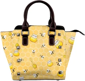 Leather Shoulder Bag for Women, Bee Honeycomb Studded Purse Honey Crossbody Handbags Punk Hobo Bag with Adjustable Strap
