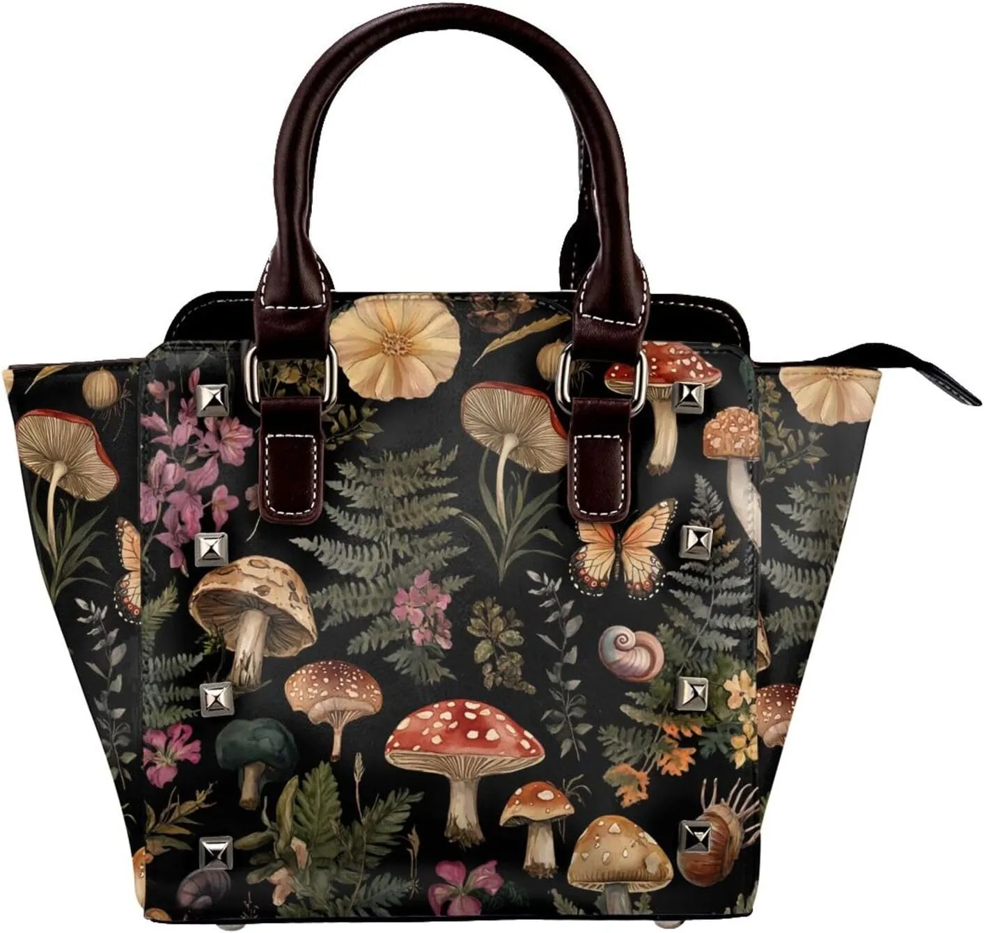 Leather Shoulder Bag for Women, Botanical Mushroom Studded Purse Butterfly Crossbody Handbags Punk Hobo Bag with Adjustable Strap