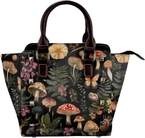 Leather Shoulder Bag for Women, Botanical Mushroom Studded Purse Butterfly Crossbody Handbags Punk Hobo Bag with Adjustable Strap