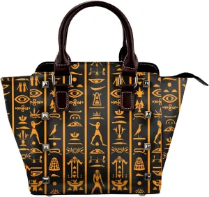 Leather Shoulder Bag for Women, Egyptian Hieroglyph Studded Purse Ancient Crossbody Handbags Punk Hobo Bag with Adjustable Strap