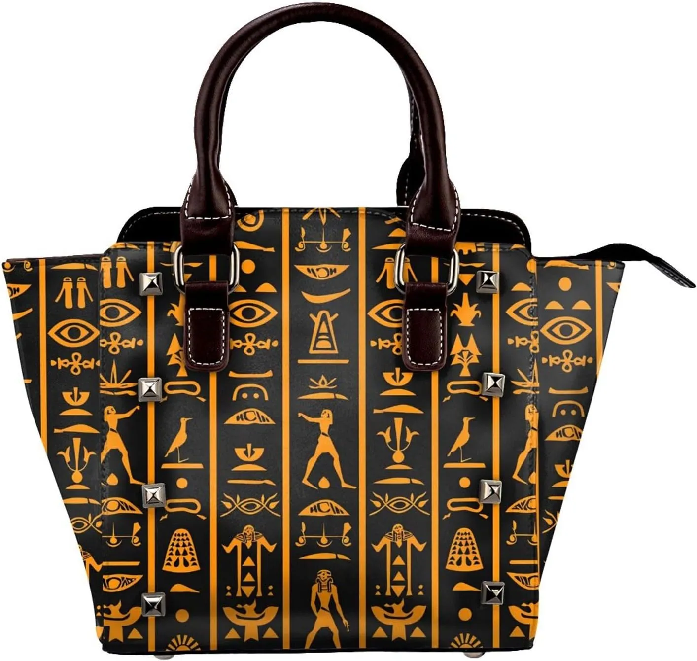 Leather Shoulder Bag for Women, Egyptian Hieroglyph Studded Purse Ancient Crossbody Handbags Punk Hobo Bag with Adjustable Strap