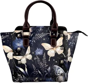 Leather Shoulder Bag for Women, Herbs Butterflies Studded Purse Boho Floral Crossbody Handbags Punk Hobo Bag with Adjustable Strap