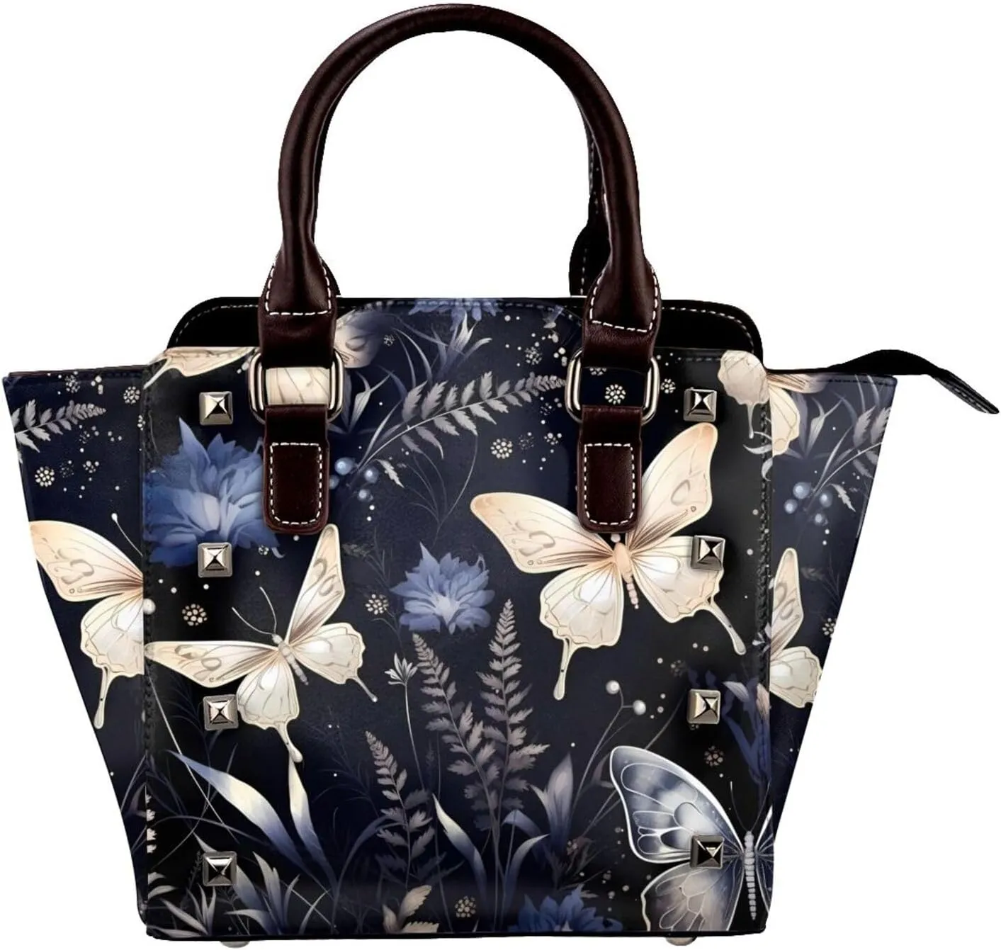 Leather Shoulder Bag for Women, Herbs Butterflies Studded Purse Boho Floral Crossbody Handbags Punk Hobo Bag with Adjustable Strap