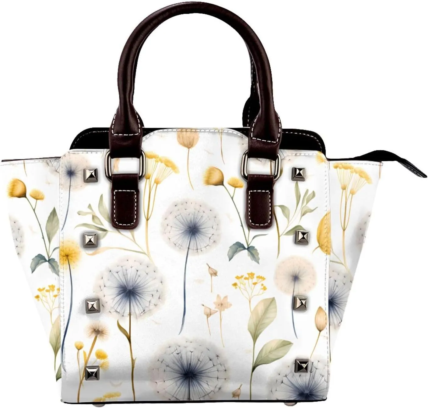 Leather Shoulder Bag for Women, Watercolour Dandelion Studded Purse Wildflower Crossbody Handbags Punk Hobo Bag with Adjustable Strap
