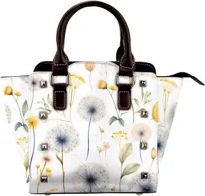 Leather Shoulder Bag for Women, Watercolour Dandelion Studded Purse Wildflower Crossbody Handbags Punk Hobo Bag with Adjustable Strap