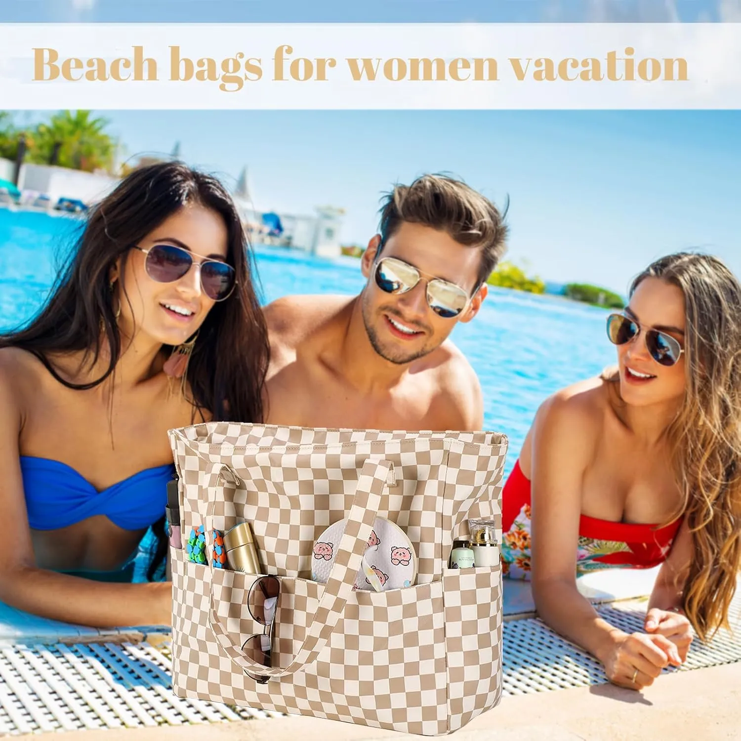 LEDAOU Large Beach Tote Bag Women Waterproof Sandproof Zipper Beach Tote Bag for Pool Gym Grocery Travel with Wet Pocket