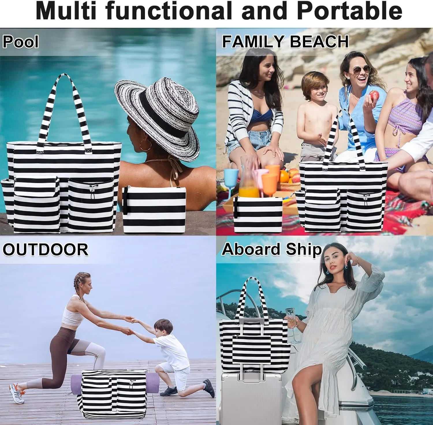 LEDAOU Large Beach Tote Bag Women Waterproof Sandproof Zipper Beach Tote Bag for Pool Gym Grocery Travel with Wet Pocket