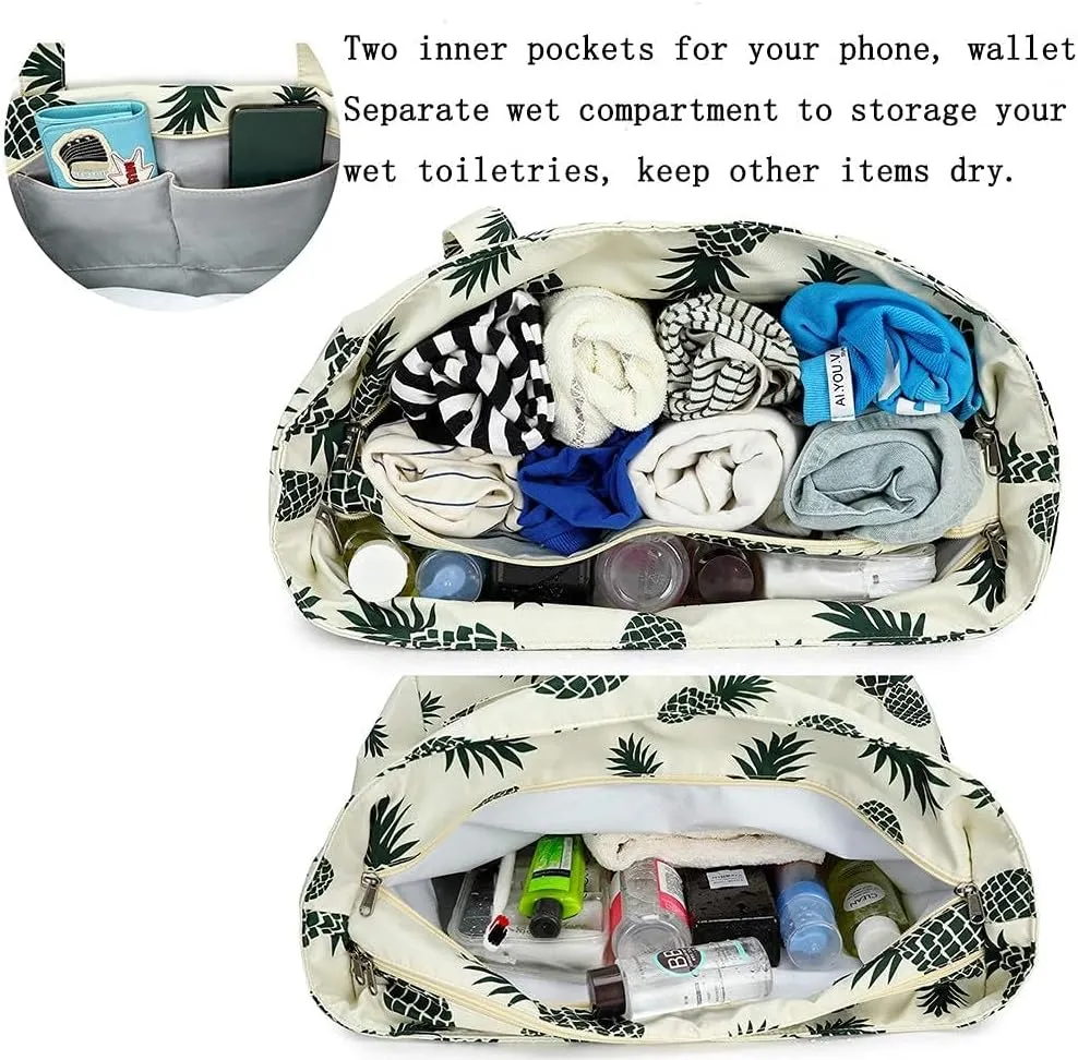 LEDAOU Large Beach Tote Bag Women Waterproof Sandproof Zipper Beach Tote Bag for Pool Gym Grocery Travel with Wet Pocket