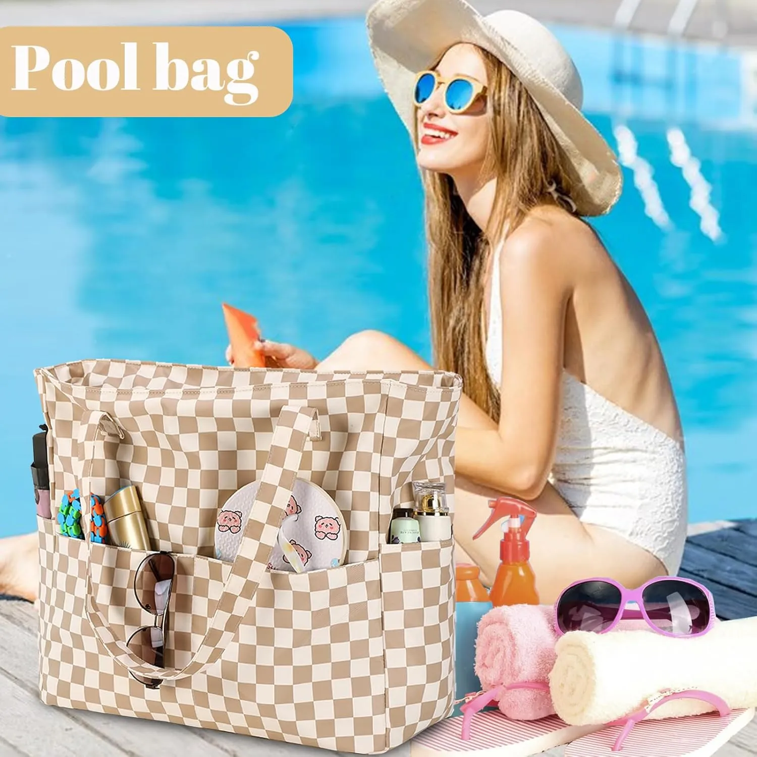 LEDAOU Large Beach Tote Bag Women Waterproof Sandproof Zipper Beach Tote Bag for Pool Gym Grocery Travel with Wet Pocket