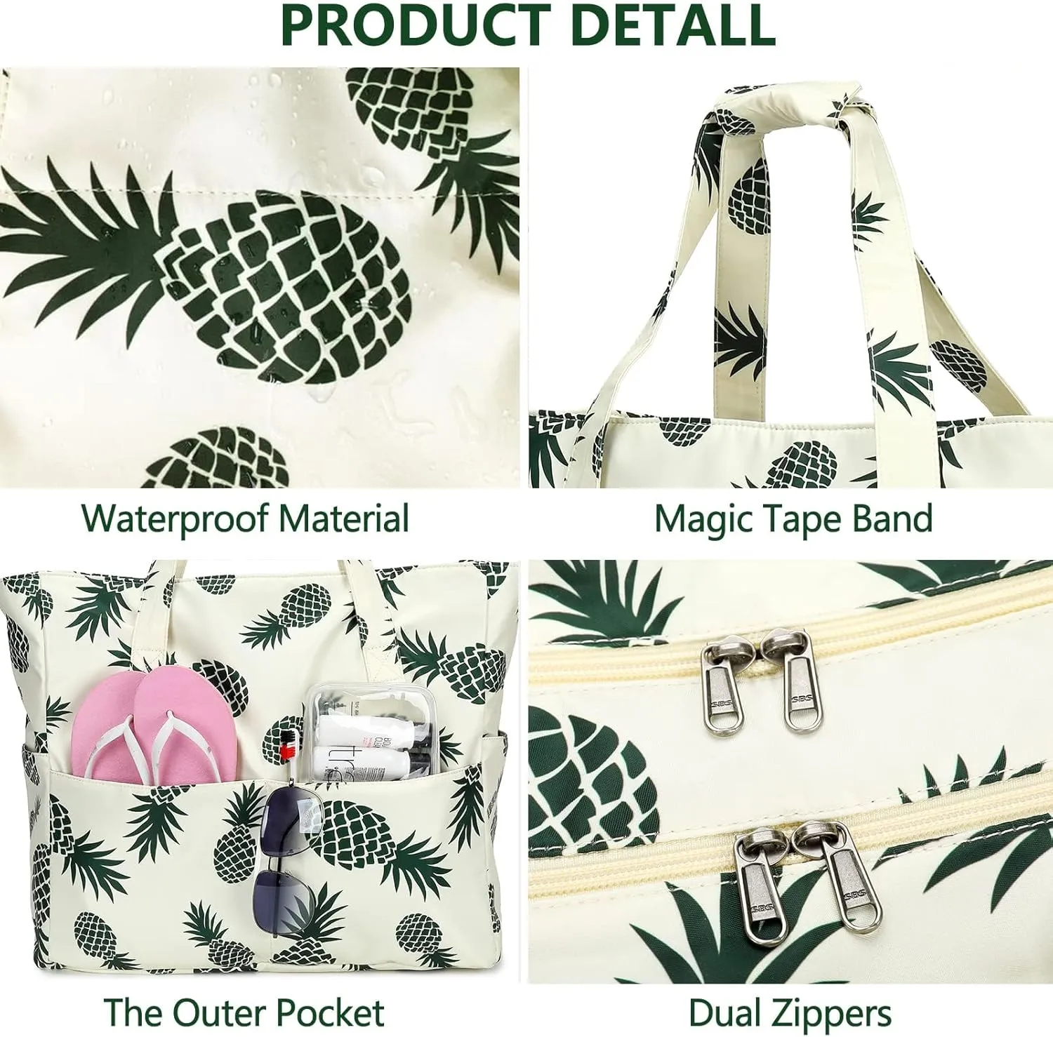 LEDAOU Large Beach Tote Bag Women Waterproof Sandproof Zipper Beach Tote Bag for Pool Gym Grocery Travel with Wet Pocket