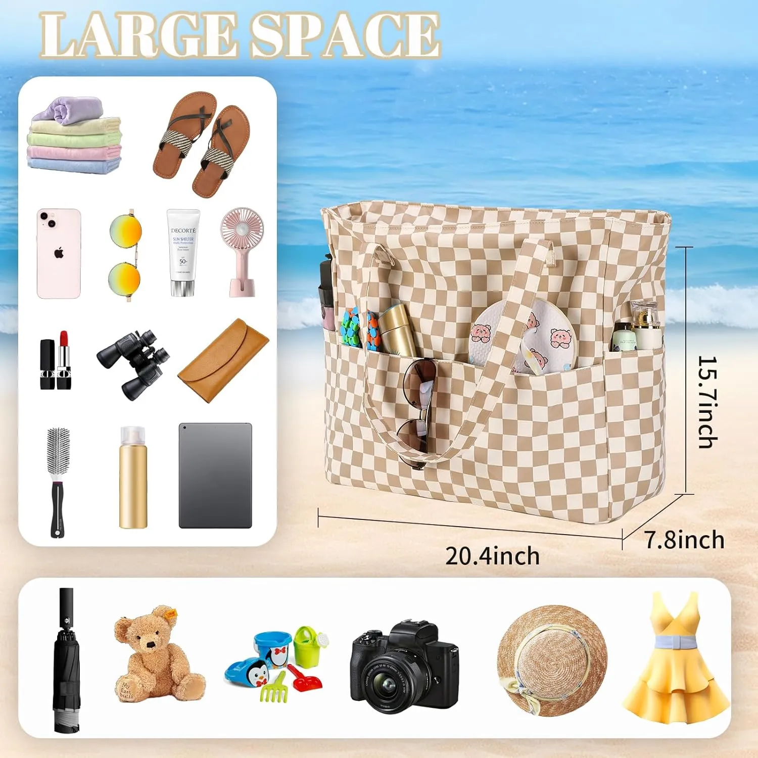 LEDAOU Large Beach Tote Bag Women Waterproof Sandproof Zipper Beach Tote Bag for Pool Gym Grocery Travel with Wet Pocket