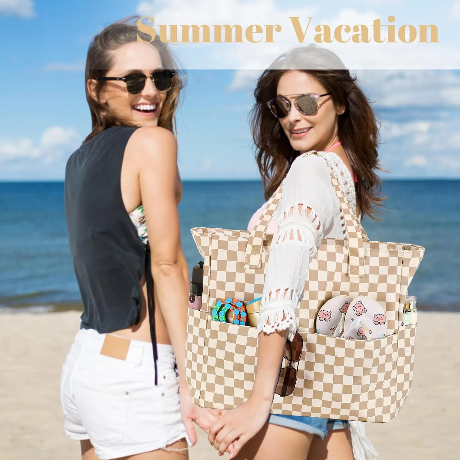 LEDAOU Large Beach Tote Bag Women Waterproof Sandproof Zipper Beach Tote Bag for Pool Gym Grocery Travel with Wet Pocket