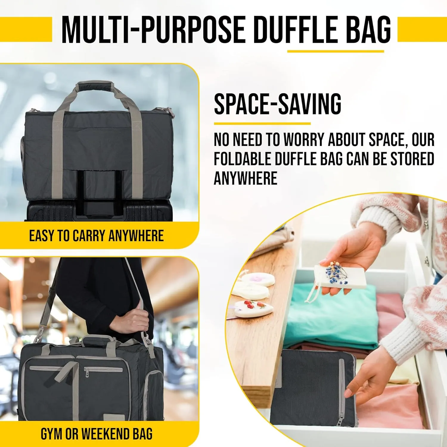 LEGEND 60L Foldable Duffle Bag for Travel - Packable Duffle Bags w/Shoe Compartment - Tear Resistant Collapsible Duffel Bags for Traveling - Lightweight Folding Duffel Bag for Men & Women -Dark Gray