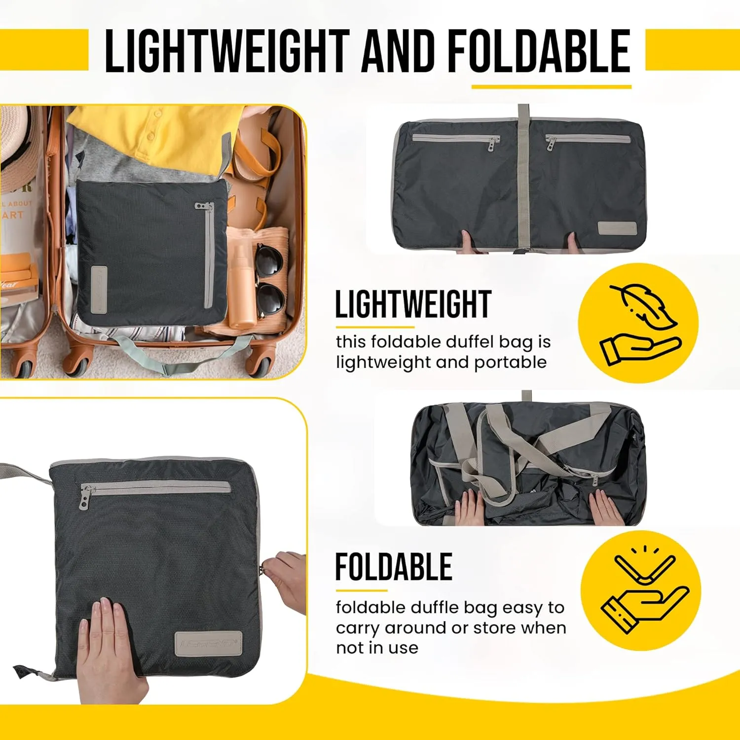 LEGEND 60L Foldable Duffle Bag for Travel - Packable Duffle Bags w/Shoe Compartment - Tear Resistant Collapsible Duffel Bags for Traveling - Lightweight Folding Duffel Bag for Men & Women -Dark Gray