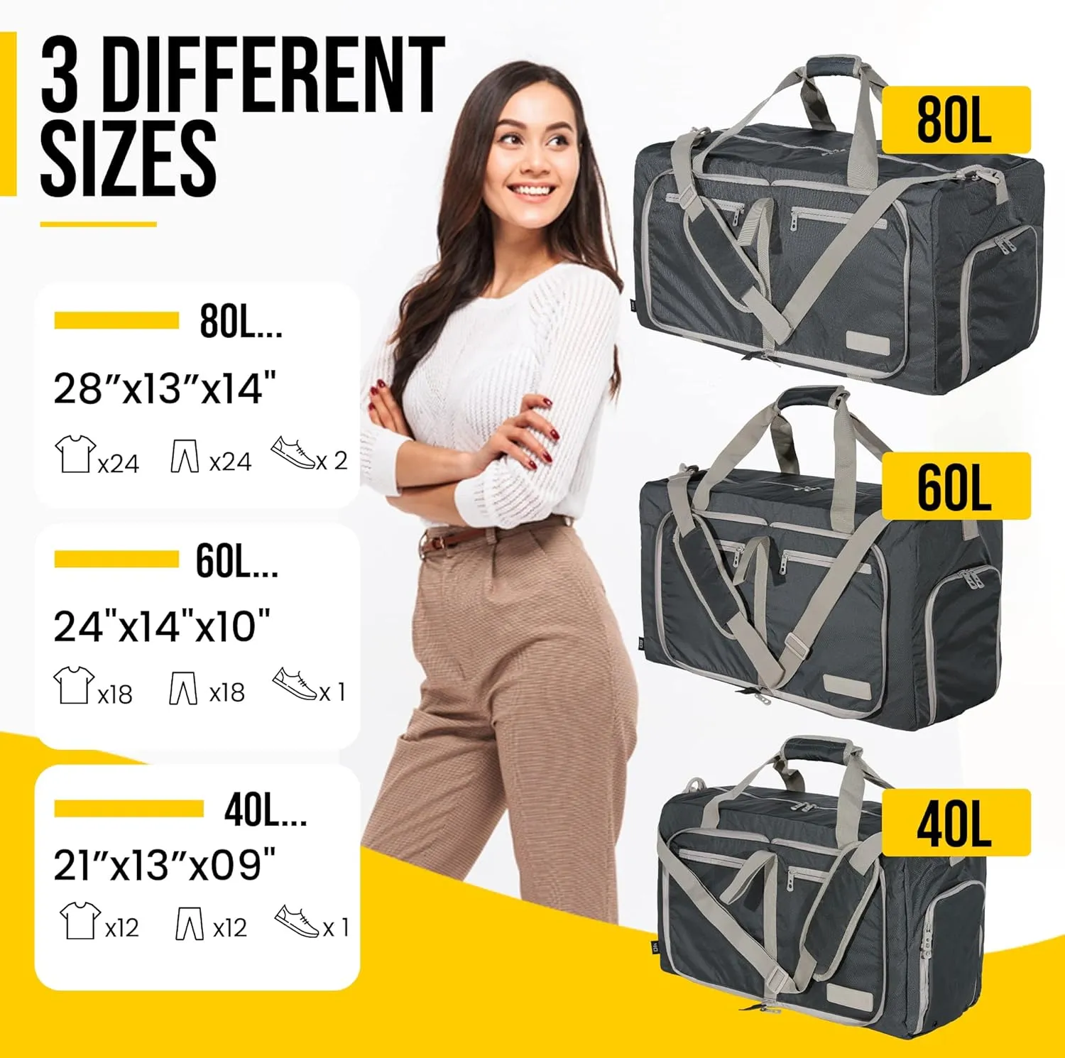 LEGEND 60L Foldable Duffle Bag for Travel - Packable Duffle Bags w/Shoe Compartment - Tear Resistant Collapsible Duffel Bags for Traveling - Lightweight Folding Duffel Bag for Men & Women -Dark Gray