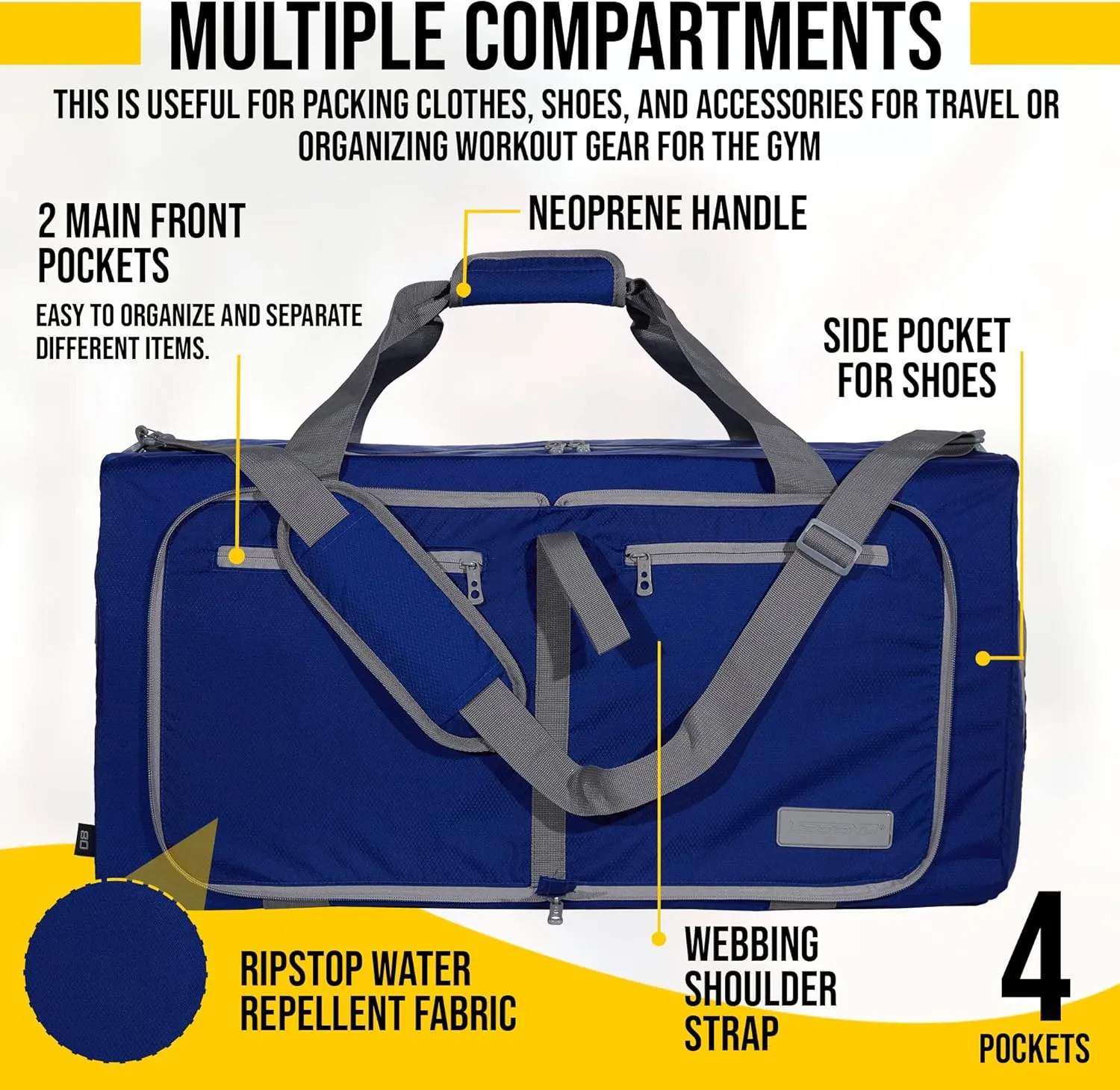 LEGEND 60L Foldable Duffle Bag for Travel - Packable Duffle Bags w/Shoe Compartment - Tear Resistant Collapsible Duffel Bags for Traveling - Lightweight Folding Duffel Bag for Men & Women -Royal Blue
