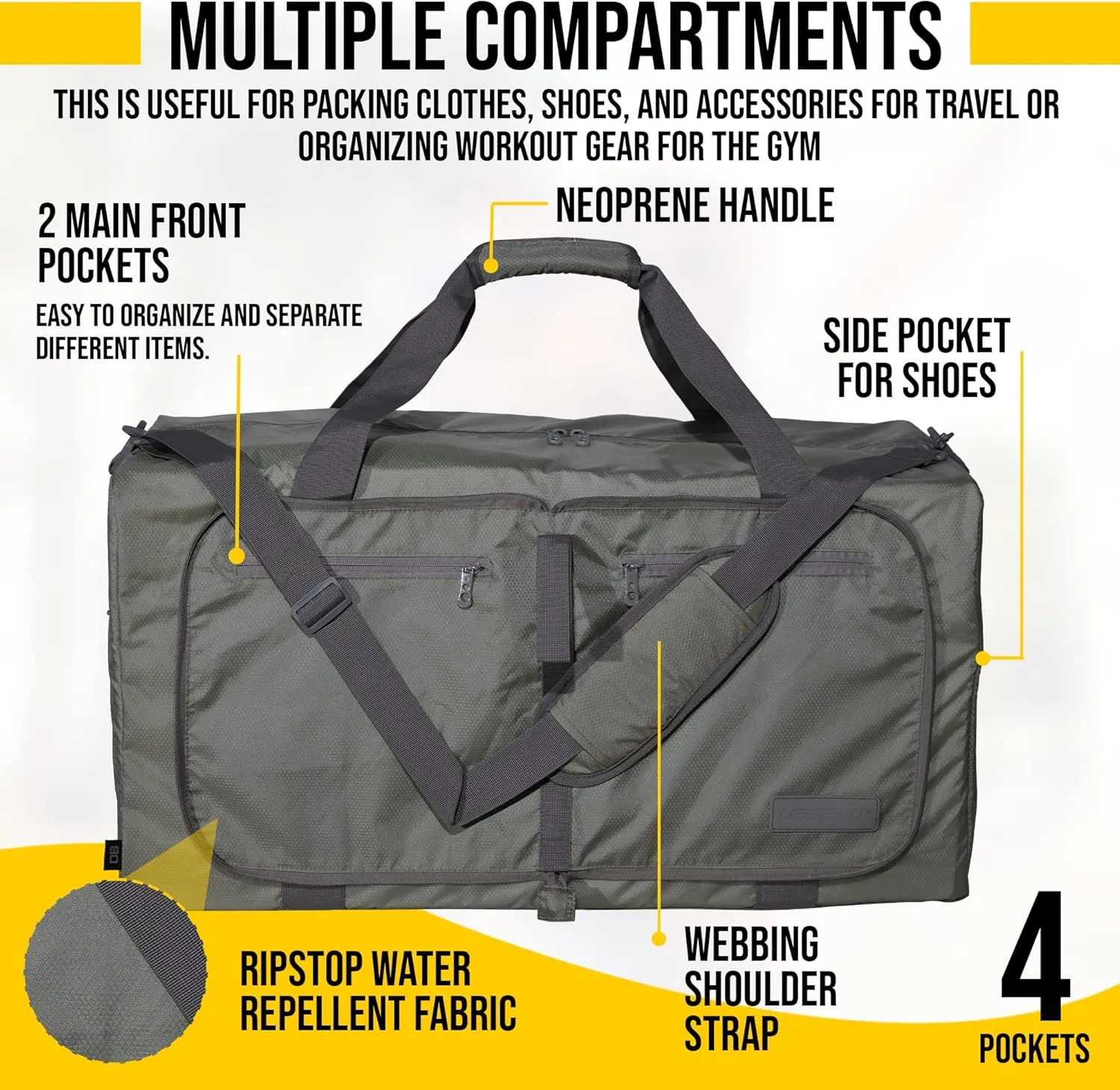 LEGEND 80L Foldable Duffle Bag for Travel - Packable Duffle Bags w/Shoe Compartment - Tear Resistant Collapsible Duffel Bags for Traveling - Lightweight Folding Duffel Bag for Men & Women -Army Green