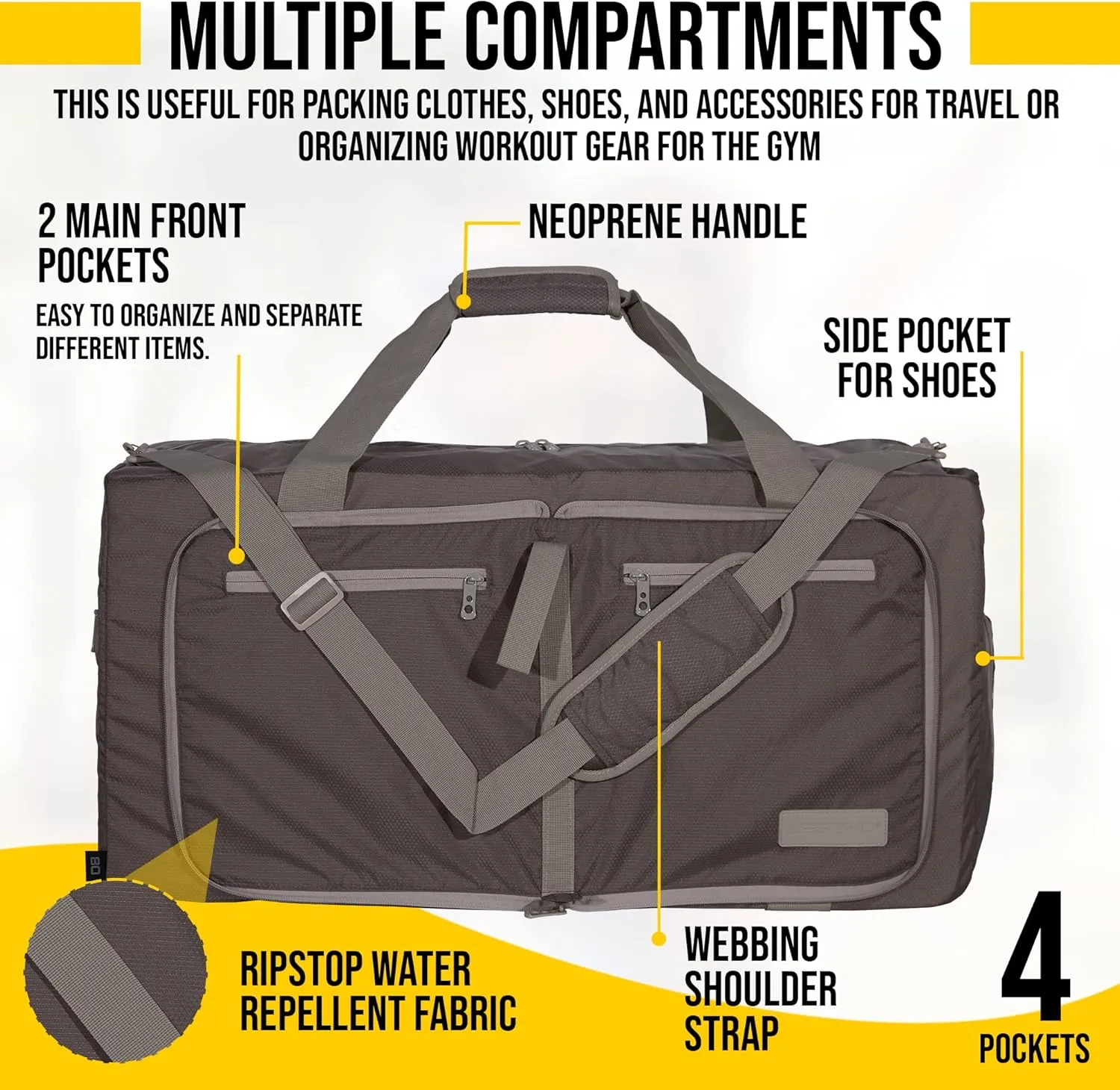 LEGEND 80L Foldable Duffle Bag for Travel - Packable Duffle Bags w/Shoe Compartment - Tear Resistant Collapsible Duffel Bags for Traveling - Lightweight Folding Duffel Bag for Men & Women -Chocolate