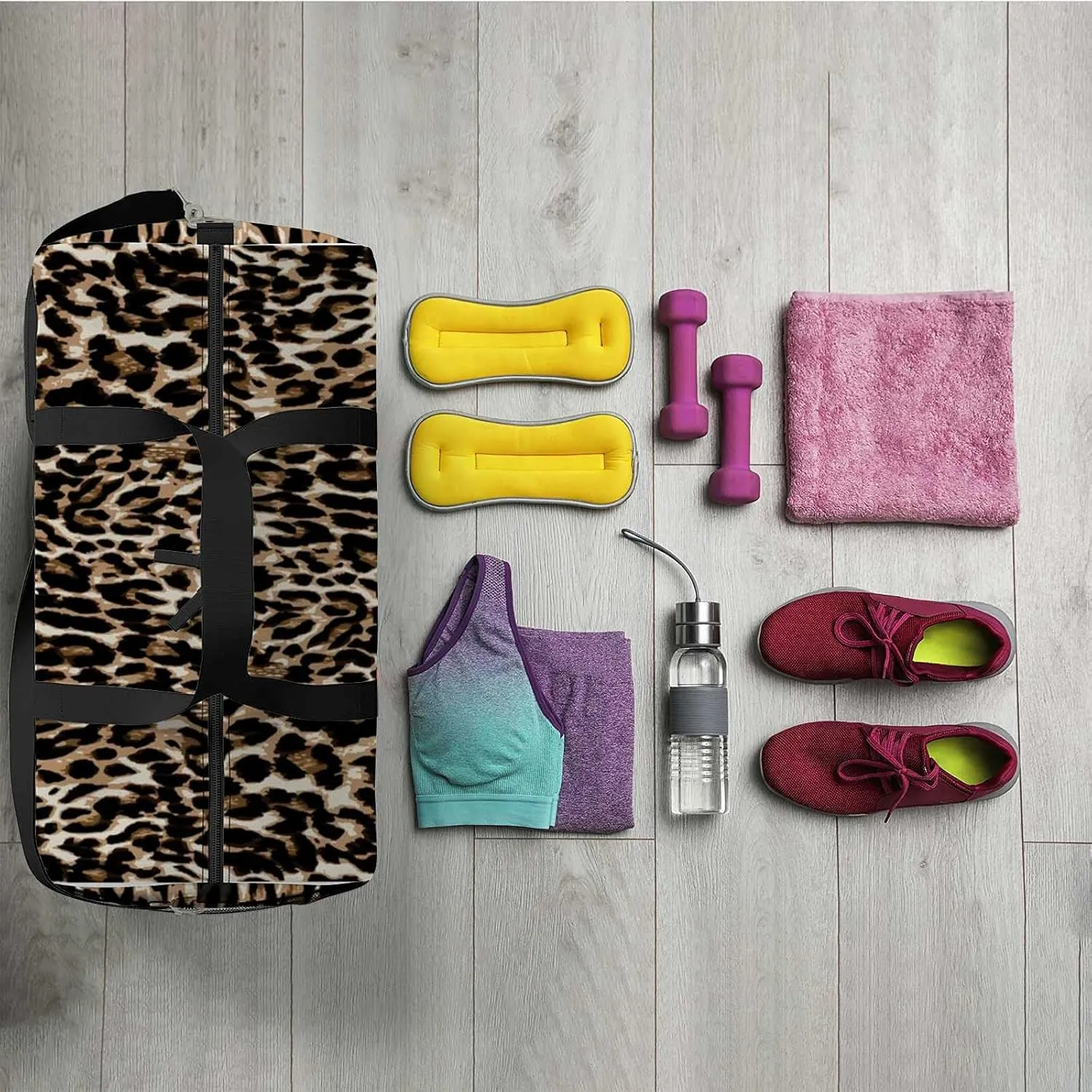 Leopard Sports Duffel Bag Travel Gym Tote Bags Lightweight Durable Shoulder Strap Waterproof Polyester Outside Mesh Pocket Overnight Trip Duffel Bag for Women Men