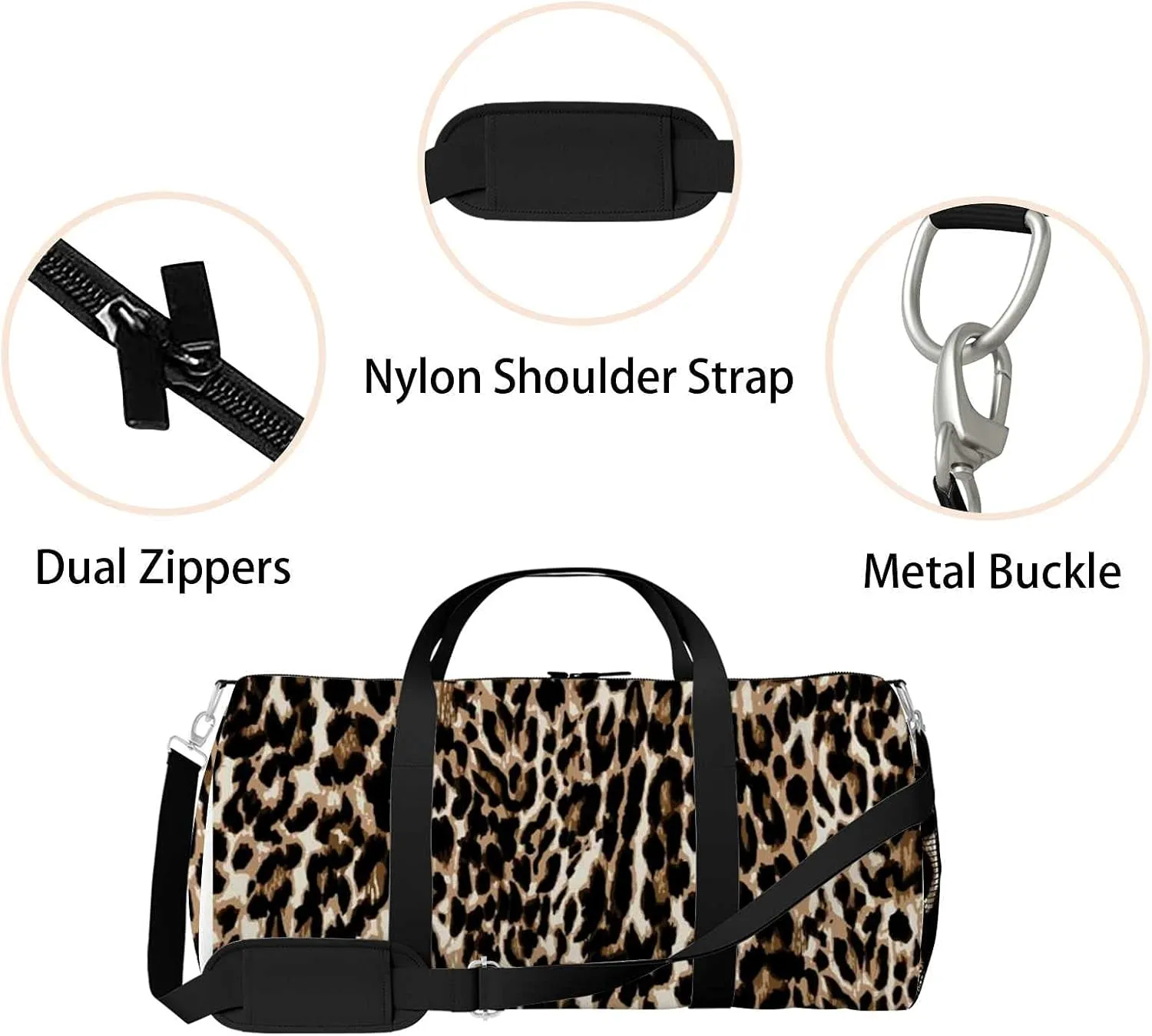 Leopard Sports Duffel Bag Travel Gym Tote Bags Lightweight Durable Shoulder Strap Waterproof Polyester Outside Mesh Pocket Overnight Trip Duffel Bag for Women Men